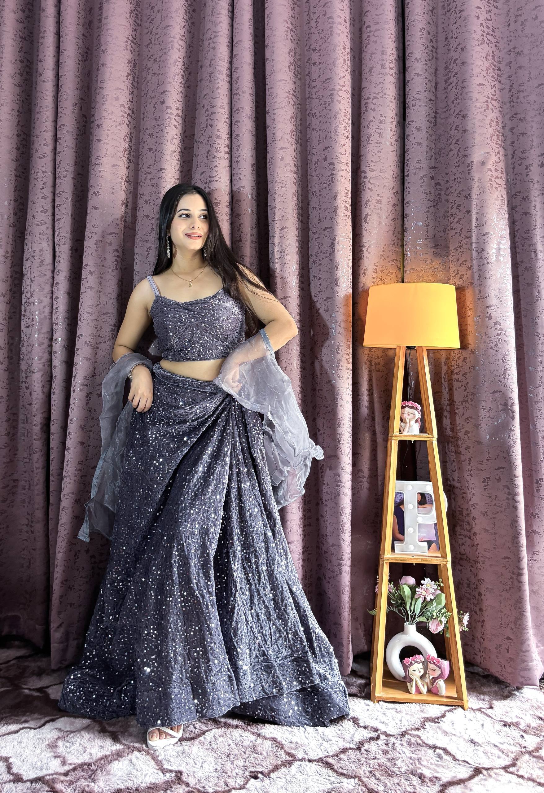 Gray Velvet Sequin Work Lehenga Set with Ruffle Organza Dupatta – Unstitched Blouse