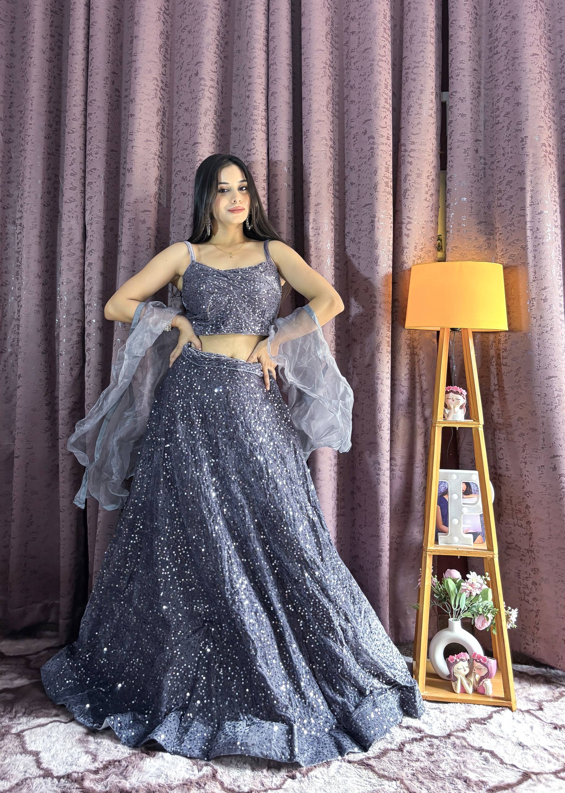Gray Velvet Sequin Work Lehenga Set with Ruffle Organza Dupatta – Unstitched Blouse