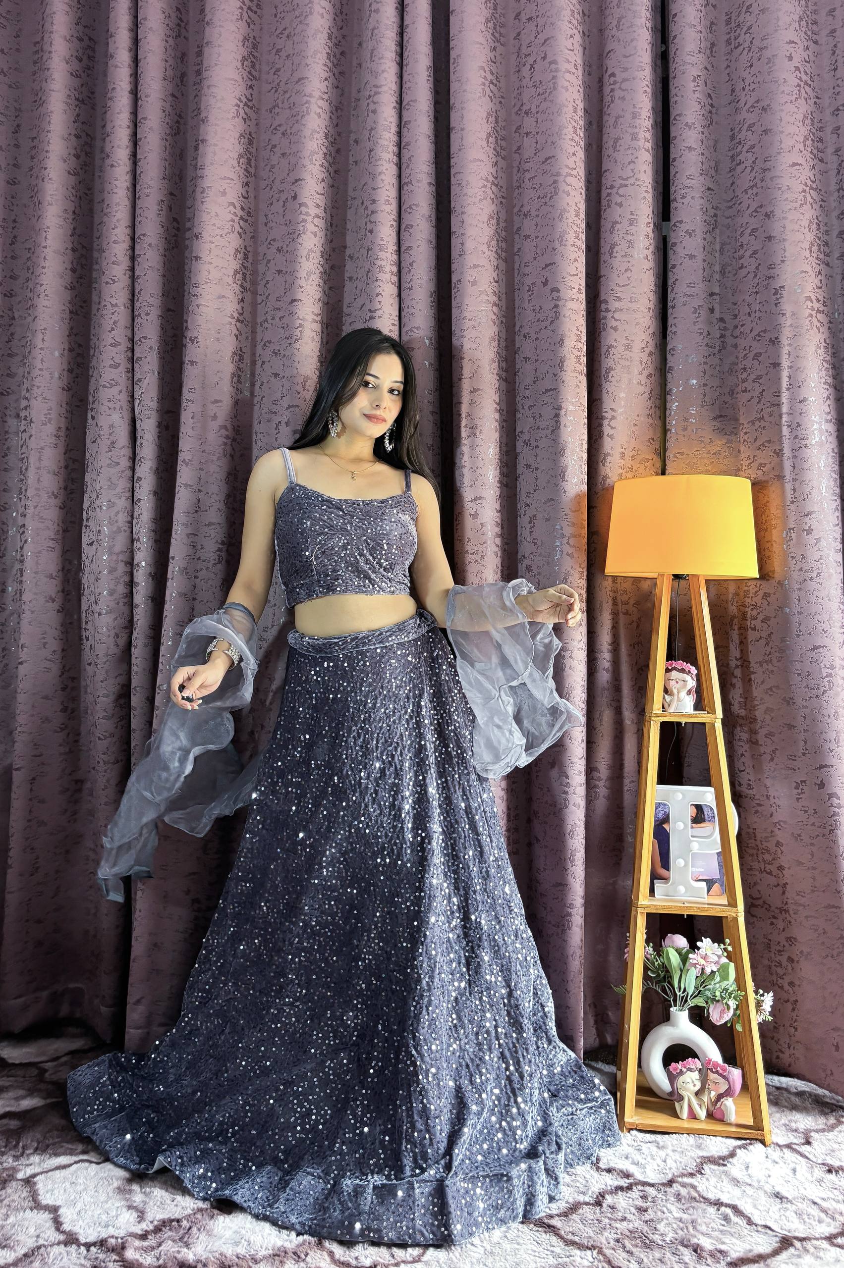Gray Velvet Sequin Work Lehenga Set with Ruffle Organza Dupatta – Unstitched Blouse