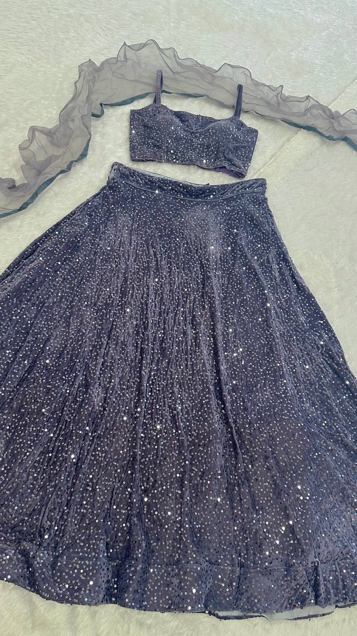 Gray Velvet Sequin Work Lehenga Set with Ruffle Organza Dupatta – Unstitched Blouse