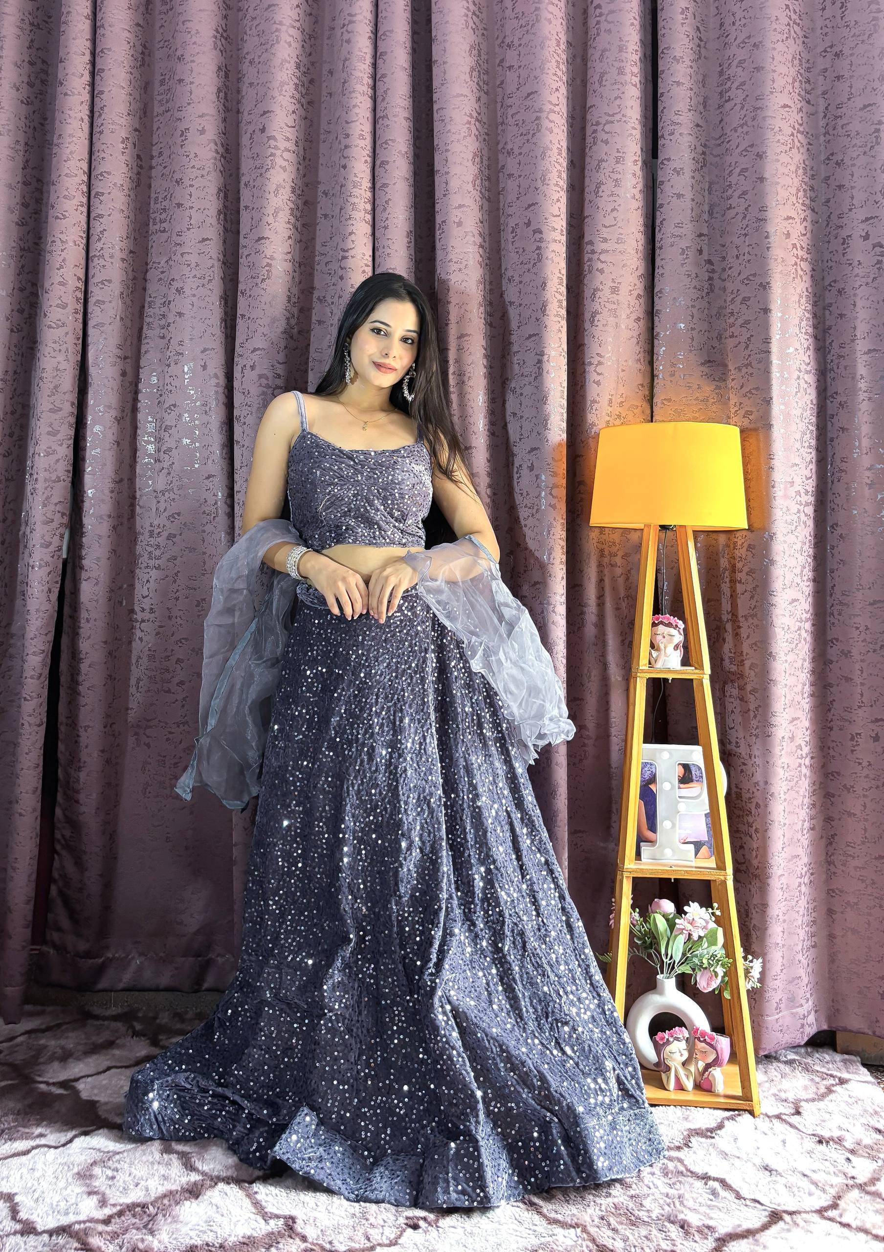 Gray Velvet Sequin Work Lehenga Set with Ruffle Organza Dupatta – Unstitched Blouse
