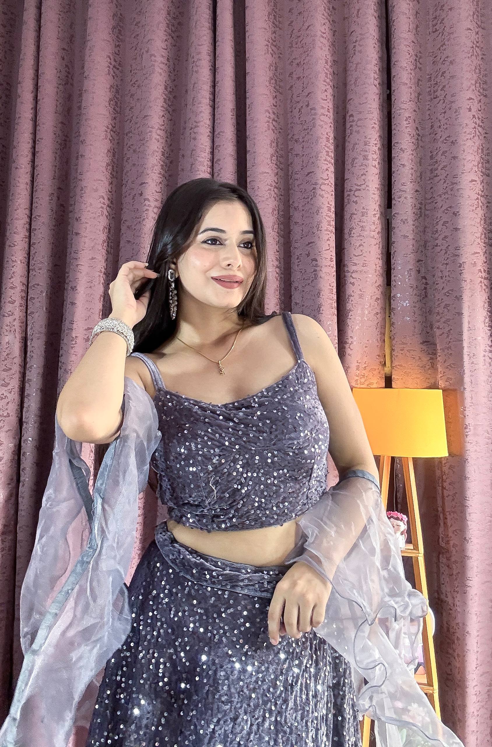 Gray Velvet Sequin Work Lehenga Set with Ruffle Organza Dupatta – Unstitched Blouse