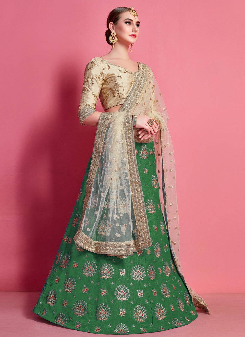 Green And Beige Pakistani Art Silk Lehenga Choli For Indian Festival & Weddings - Embroidery Work,