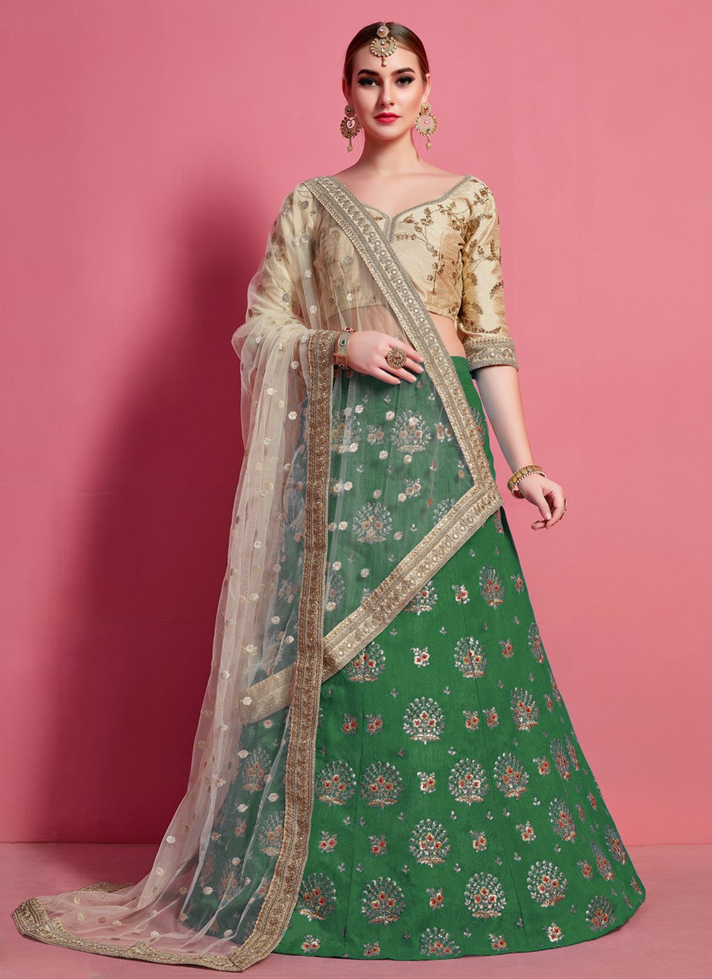 Green And Beige Pakistani Art Silk Lehenga Choli For Indian Festival & Weddings - Embroidery Work,