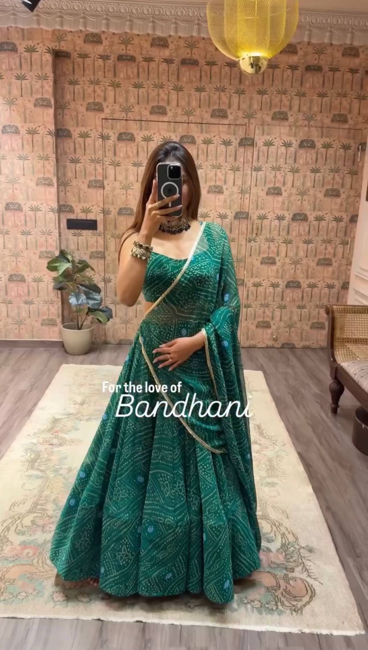 Green Bandhani Print Faux Georgette Lehenga Choli Set with Dupatta –Navratri Special Festive Wear