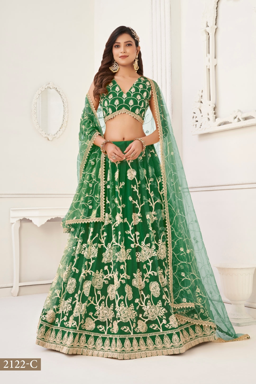 Green Butterfly Net Lehenga with White Cotton Thread Work and Sequence Embroidery