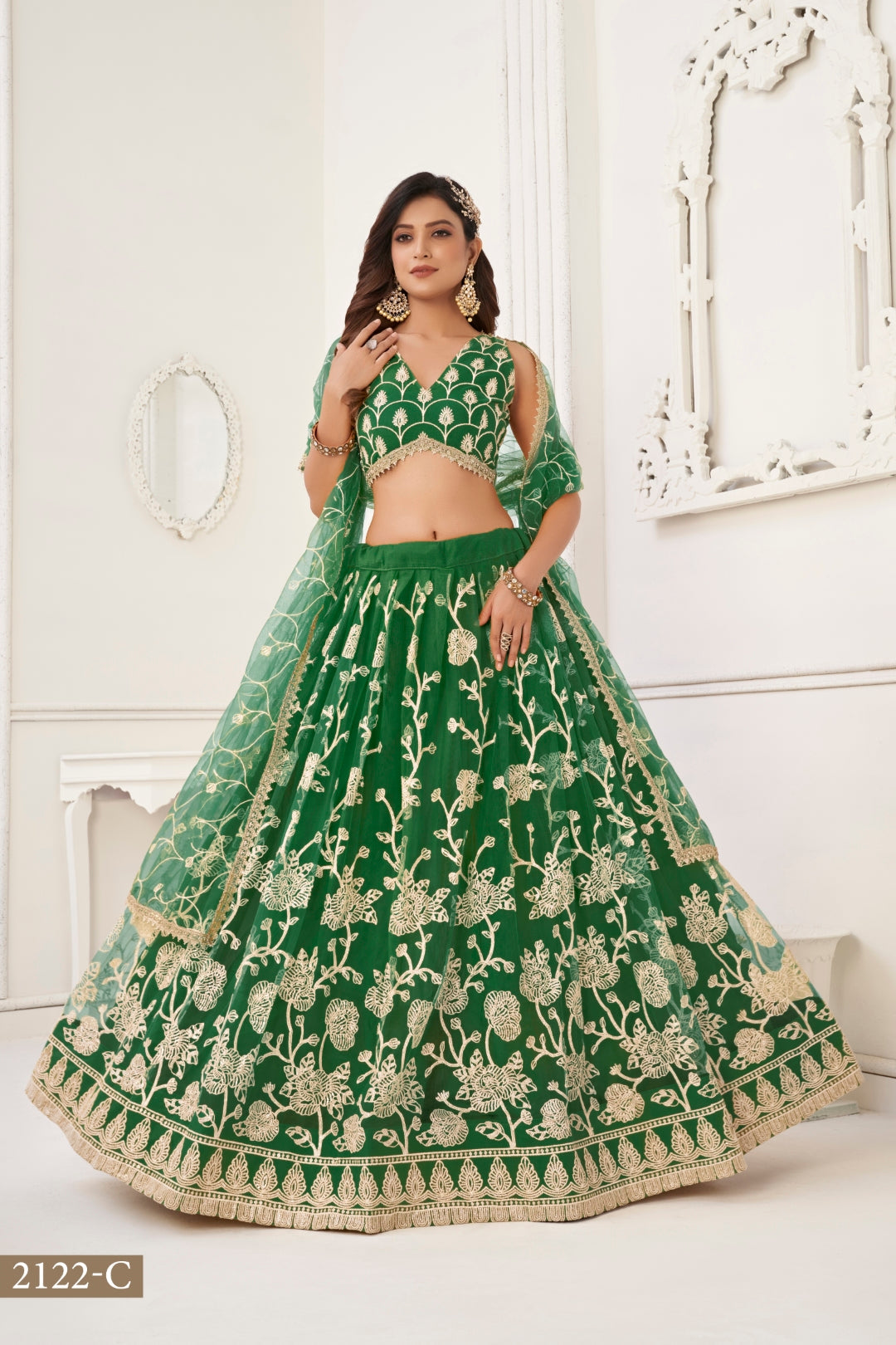 Green Butterfly Net Lehenga with White Cotton Thread Work and Sequence Embroidery