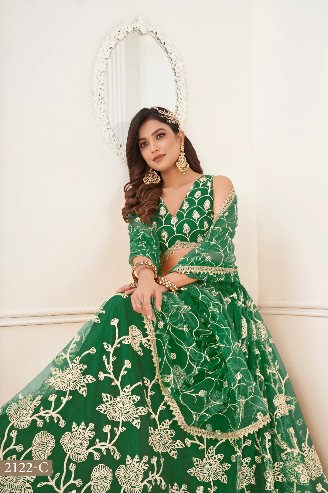 Green Butterfly Net Lehenga with White Cotton Thread Work and Sequence Embroidery