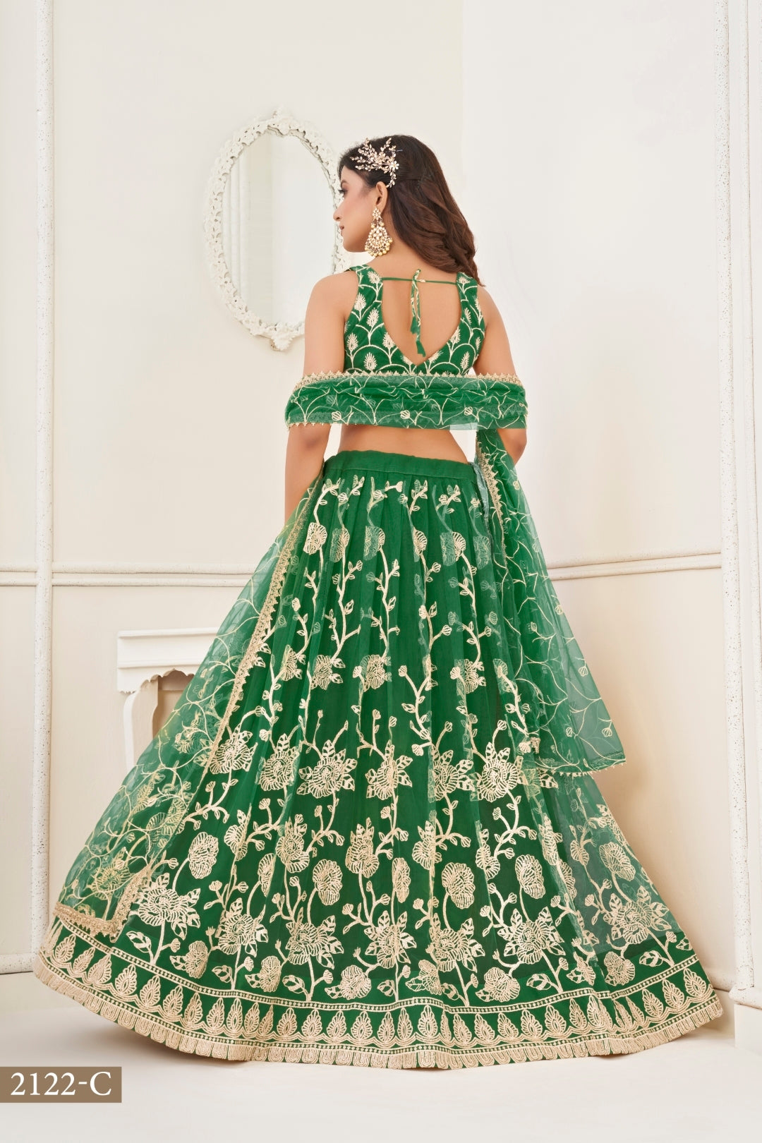 Green Butterfly Net Lehenga with White Cotton Thread Work and Sequence Embroidery
