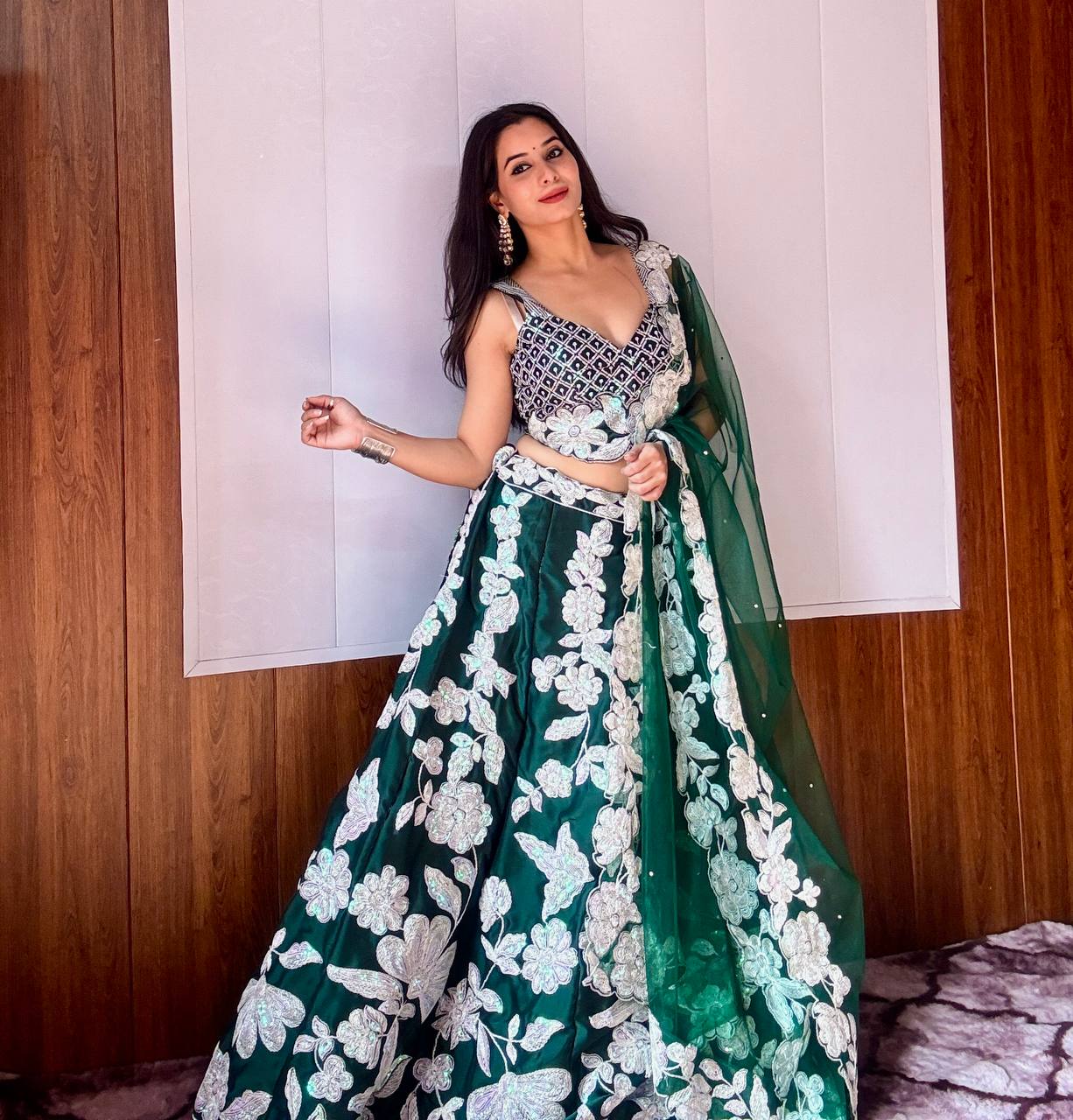 Green Kasturi Silk Georgette Lehenga Set with Rainbow Sequins & Dori Work