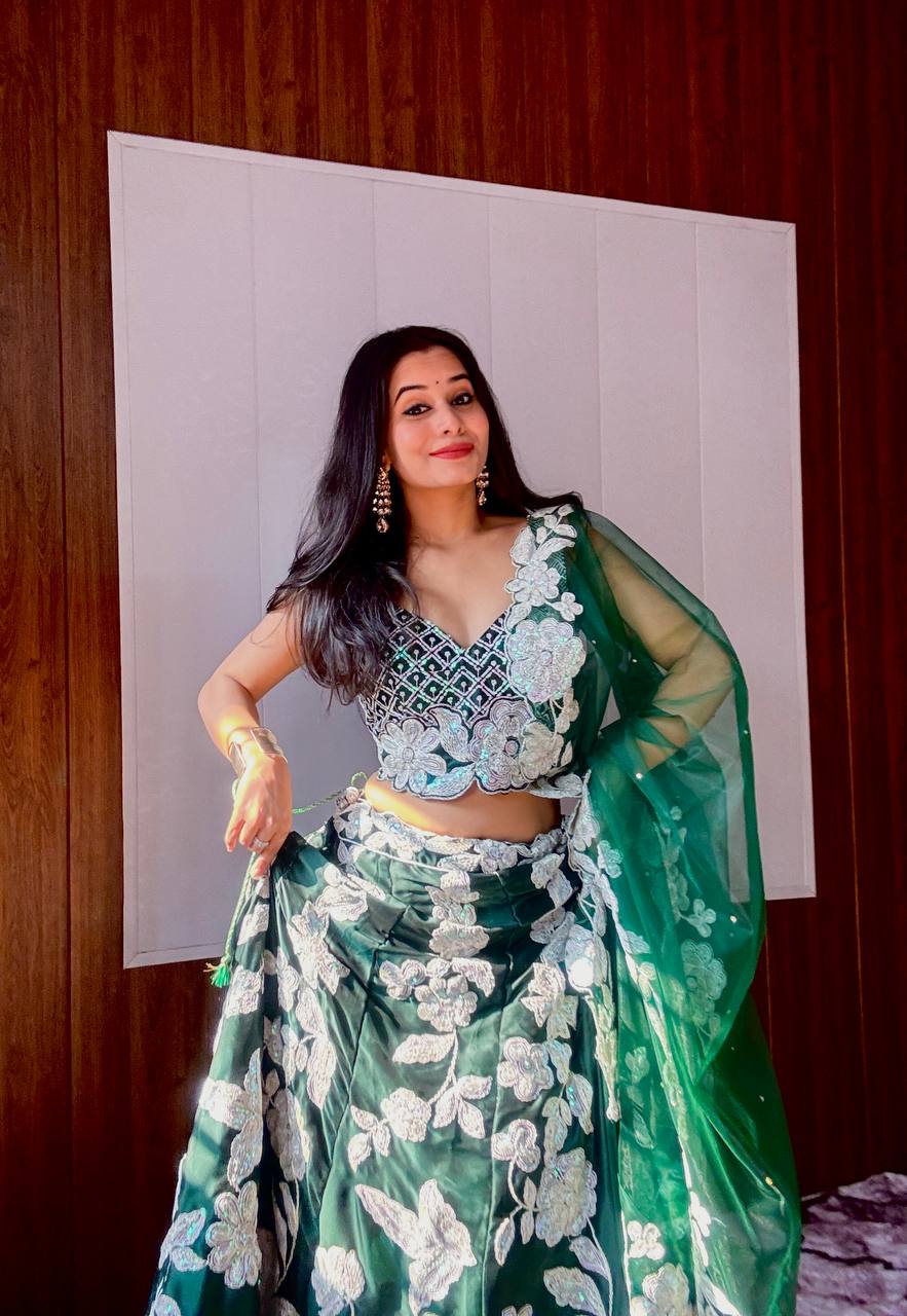 Green Kasturi Silk Georgette Lehenga Set with Rainbow Sequins & Dori Work