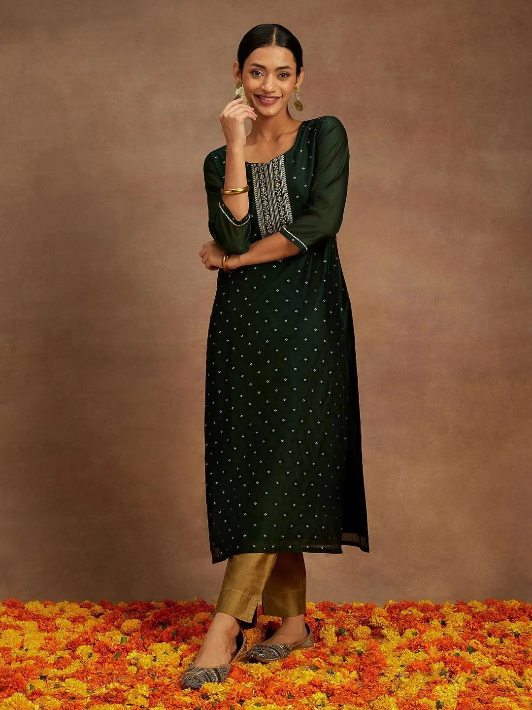 Anouk Green Chanderi Silk Woven Design Kurta
