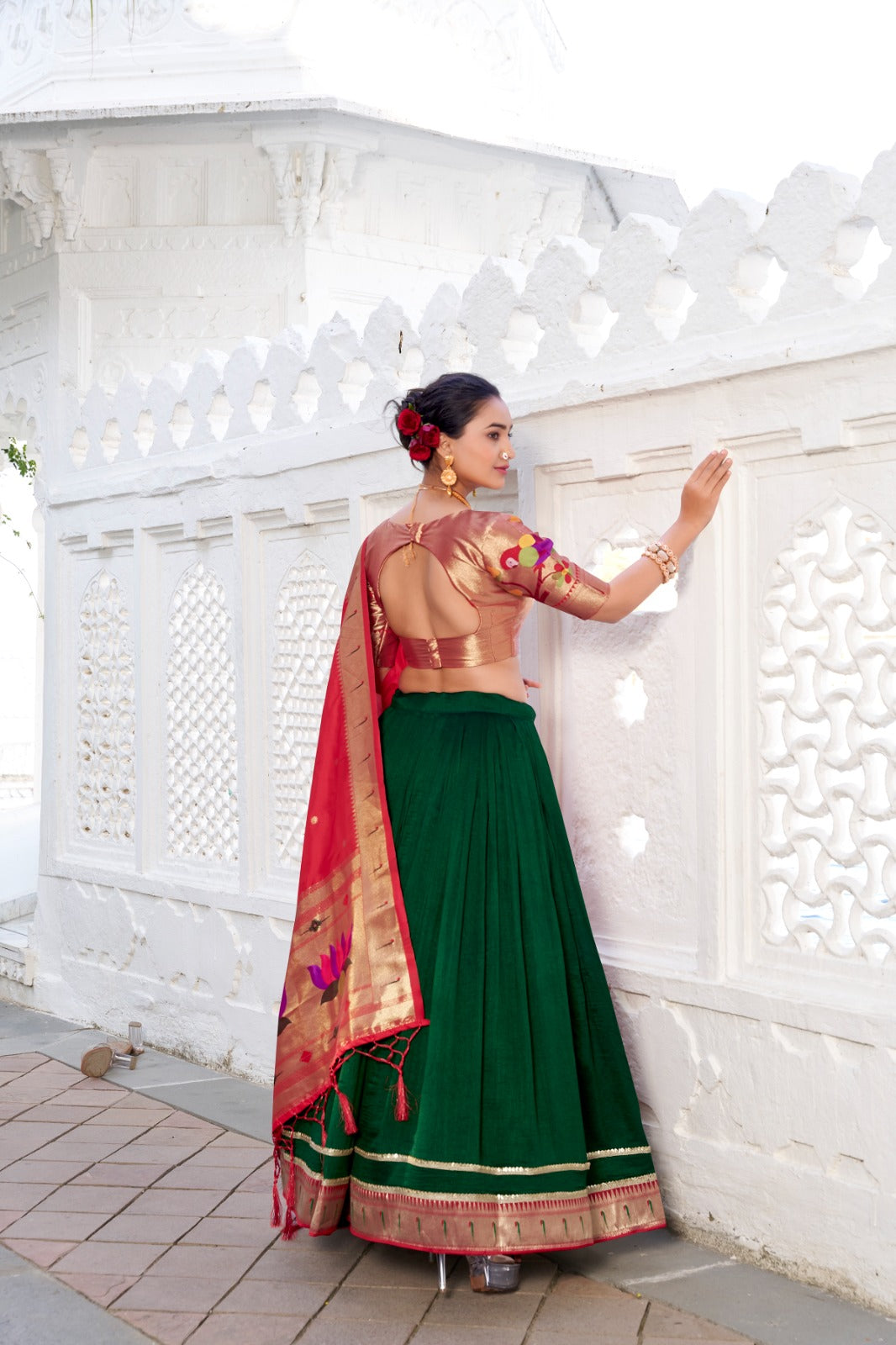 Green Color Plain With Paithani Lace Border Vichitra Silk Lehenga  Choli