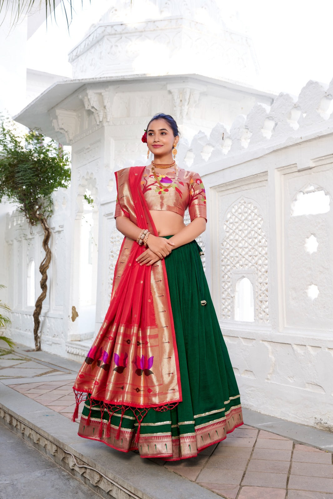 Green Color Plain With Paithani Lace Border Vichitra Silk Lehenga  Choli