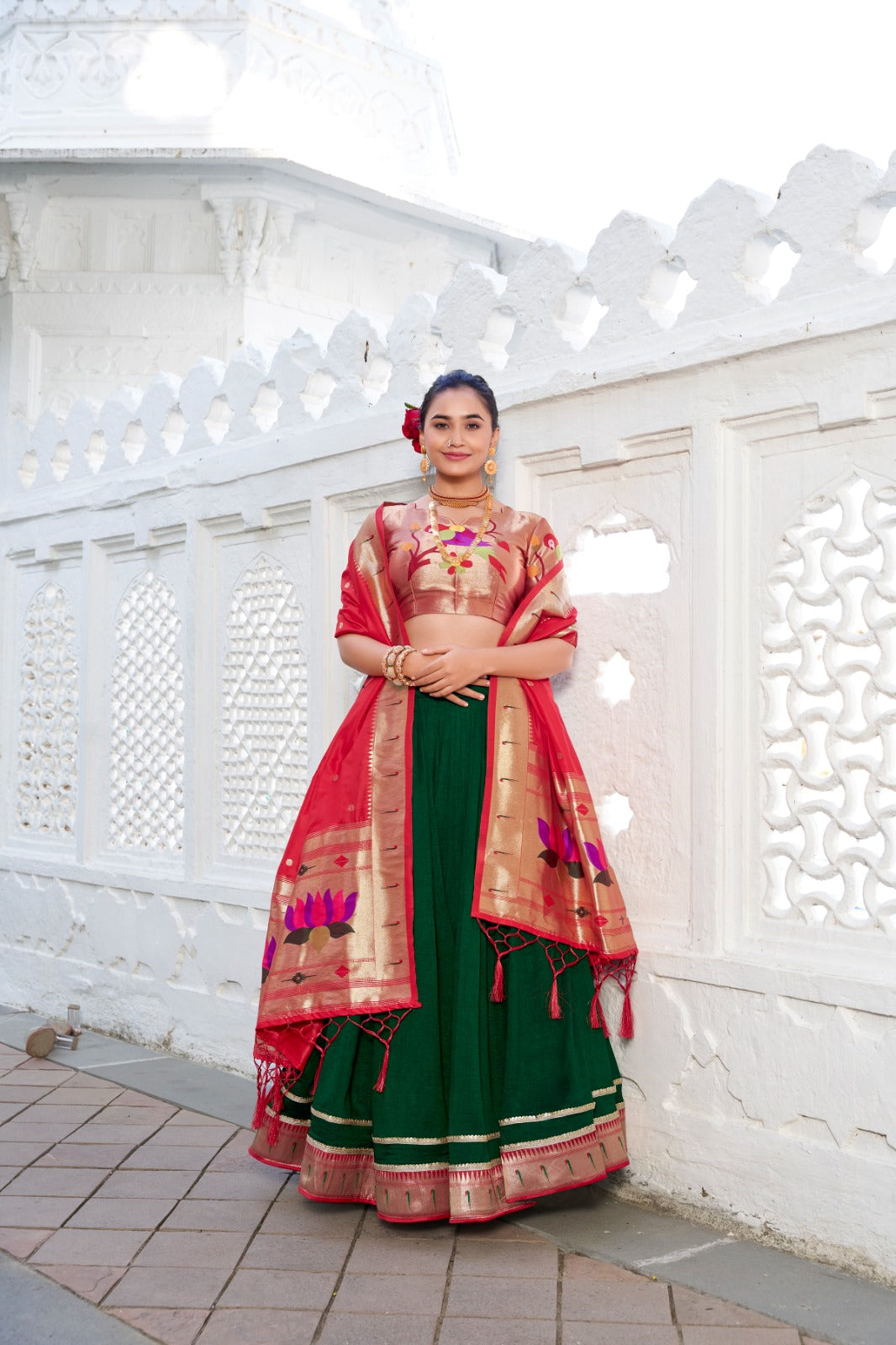 Green Color Plain With Paithani Lace Border Vichitra Silk Lehenga  Choli