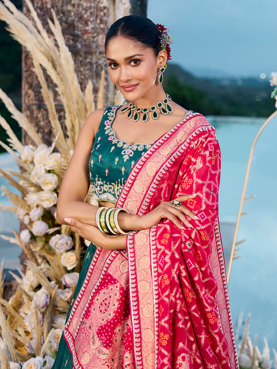 Green Cosmos Silk Lehenga Choli with Red Banarasi Dupatta – Sequin, Coding & Thread Embroidery Work Ready to Wear Bridal & Festive Wear