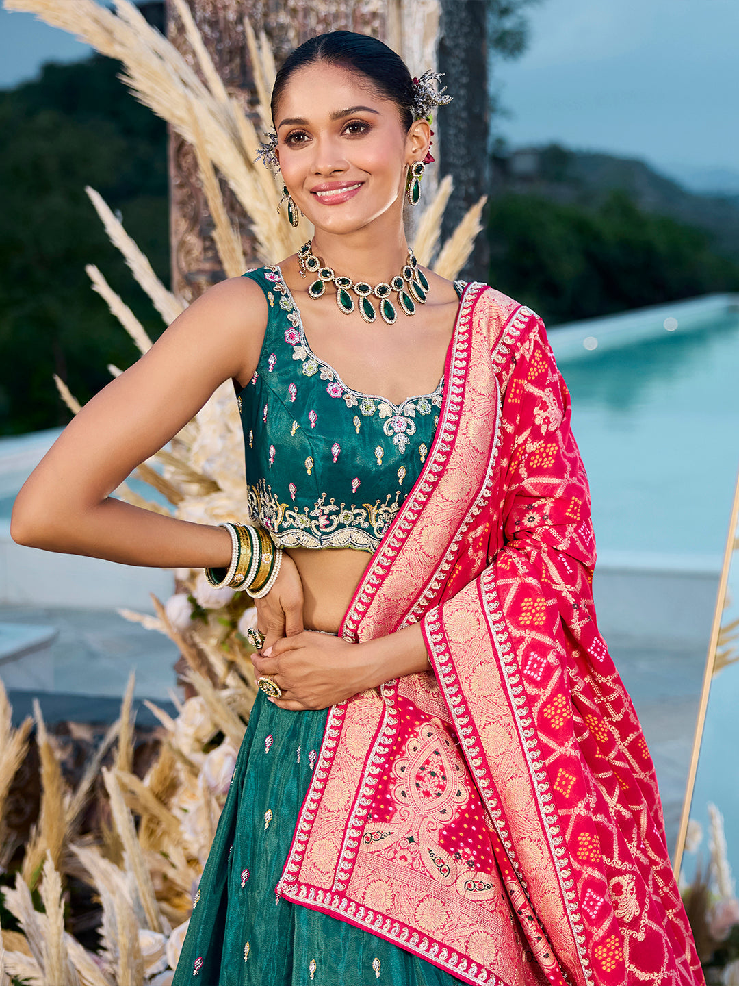 Green Cosmos Silk Lehenga Choli with Red Banarasi Dupatta – Sequin, Coding & Thread Embroidery Work Ready to Wear Bridal & Festive Wear