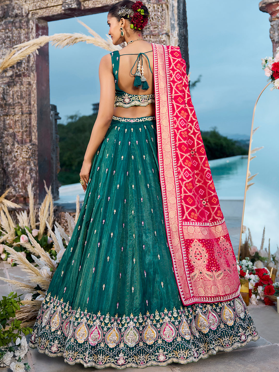Green Cosmos Silk Lehenga Choli with Red Banarasi Dupatta – Sequin, Coding & Thread Embroidery Work Ready to Wear Bridal & Festive Wear