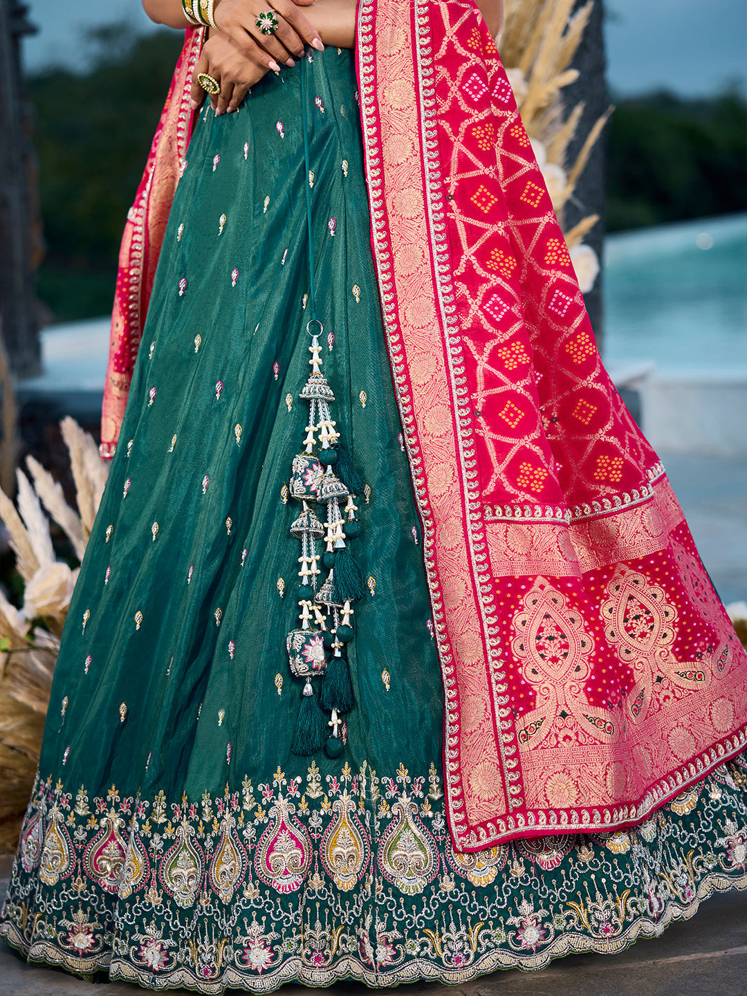 Green Cosmos Silk Lehenga Choli with Red Banarasi Dupatta – Sequin, Coding & Thread Embroidery Work Ready to Wear Bridal & Festive Wear