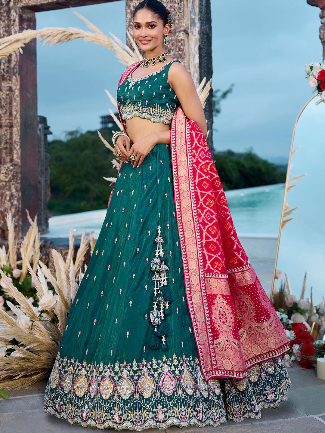 Green Cosmos Silk Lehenga Choli with Red Banarasi Dupatta – Sequin, Coding & Thread Embroidery Work Ready to Wear Bridal & Festive Wear
