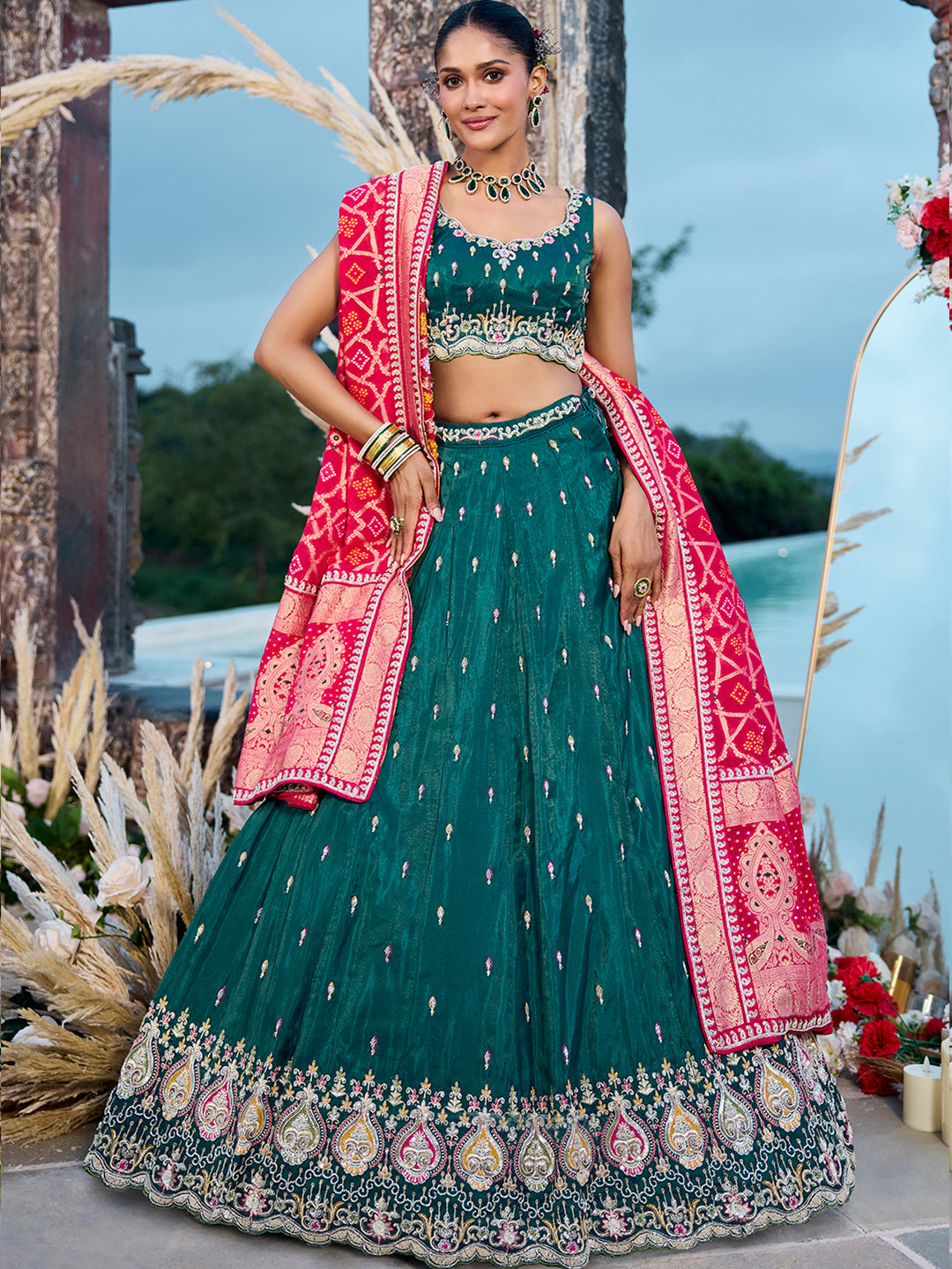 Green Cosmos Silk Lehenga Choli with Red Banarasi Dupatta – Sequin, Coding & Thread Embroidery Work Ready to Wear Bridal & Festive Wear