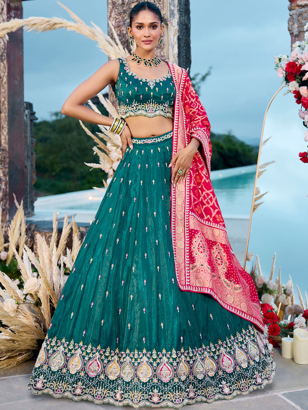 Green Cosmos Silk Lehenga Choli with Red Banarasi Dupatta – Sequin, Coding & Thread Embroidery Work Ready to Wear Bridal & Festive Wear