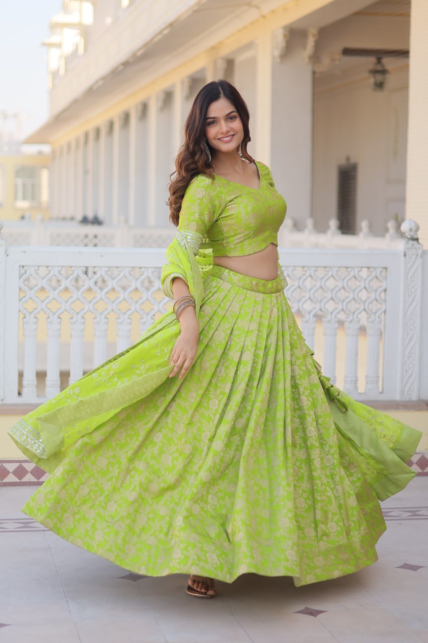 Green Dazzling Designer Dyeable Pure Viscose Jacquard Lehenga Choli Set with Sequins Embroidery