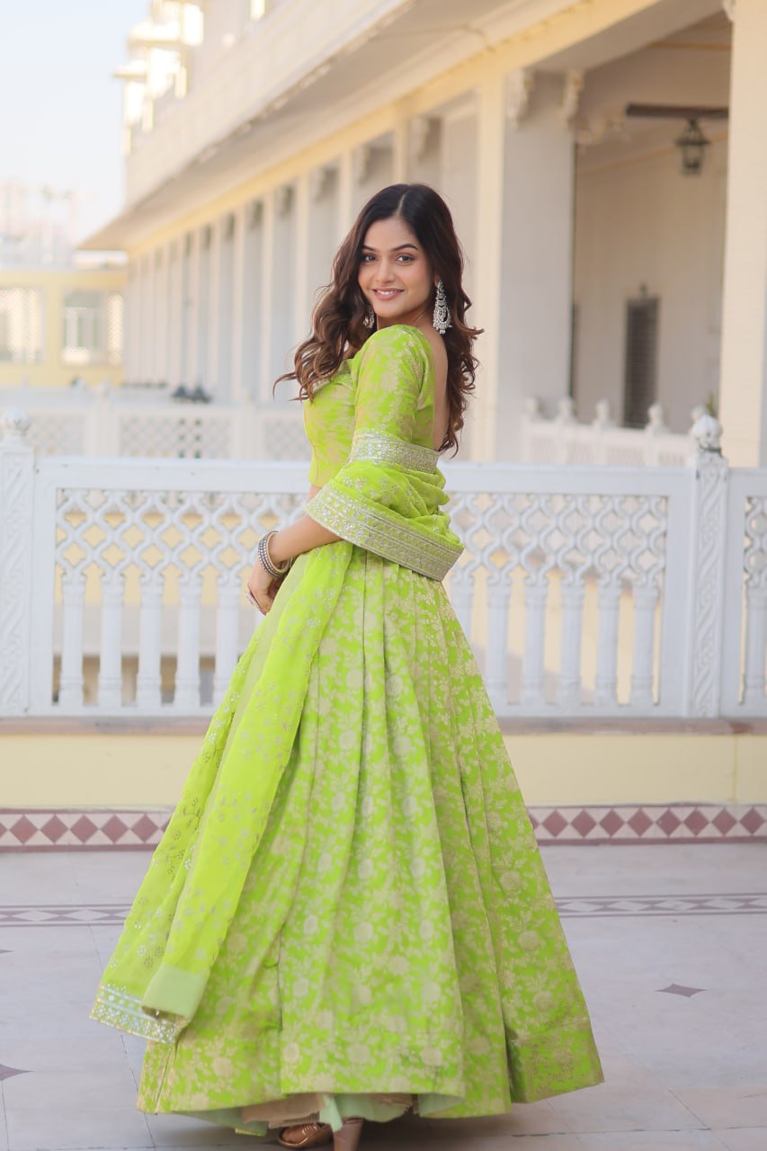 Green Dazzling Designer Dyeable Pure Viscose Jacquard Lehenga Choli Set with Sequins Embroidery