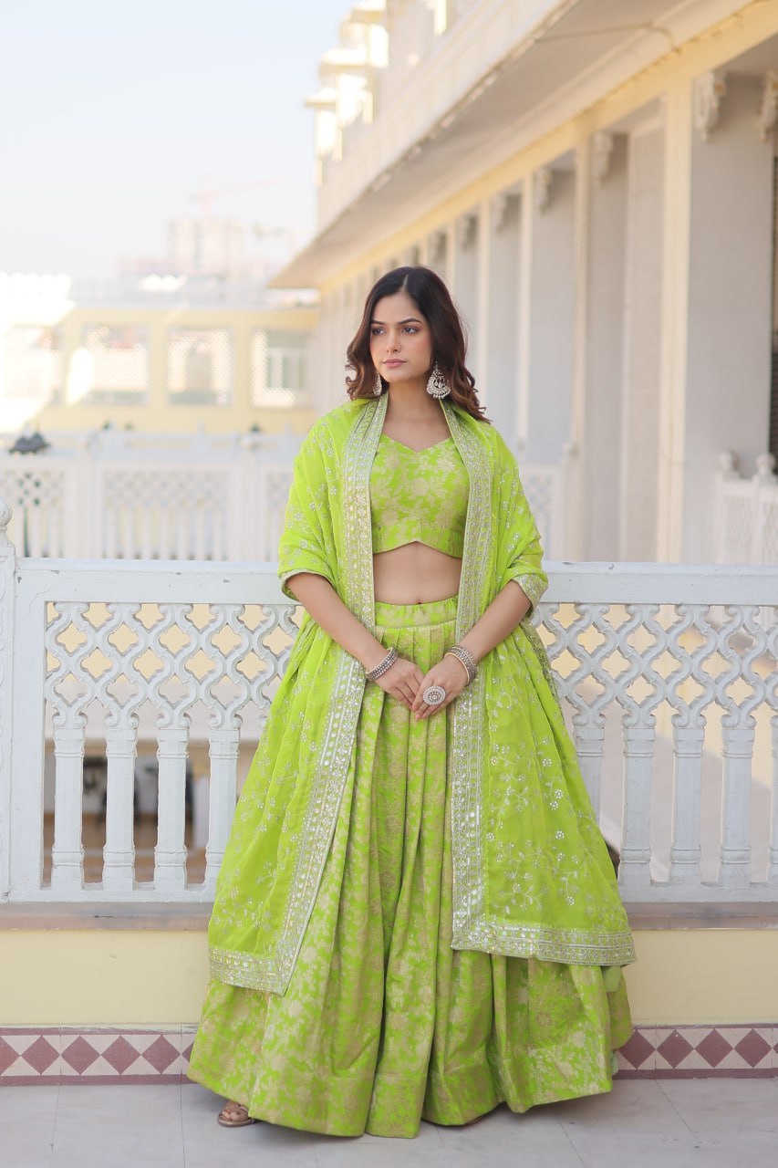 Green Dazzling Designer Dyeable Pure Viscose Jacquard Lehenga Choli Set with Sequins Embroidery