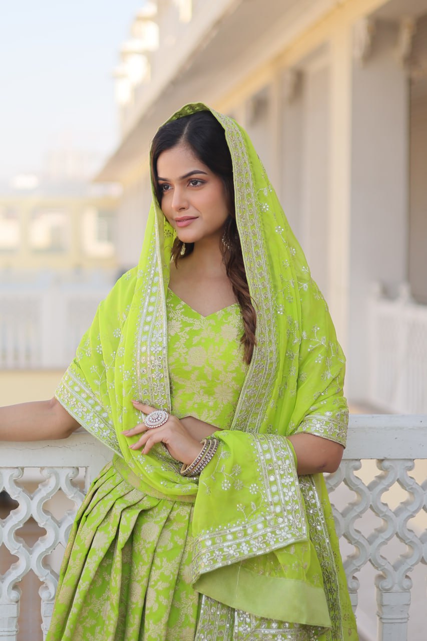 Green Dazzling Designer Dyeable Pure Viscose Jacquard Lehenga Choli Set with Sequins Embroidery