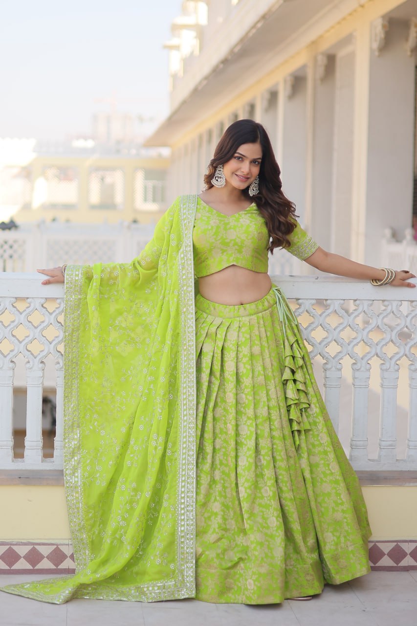 Green Dazzling Designer Dyeable Pure Viscose Jacquard Lehenga Choli Set with Sequins Embroidery