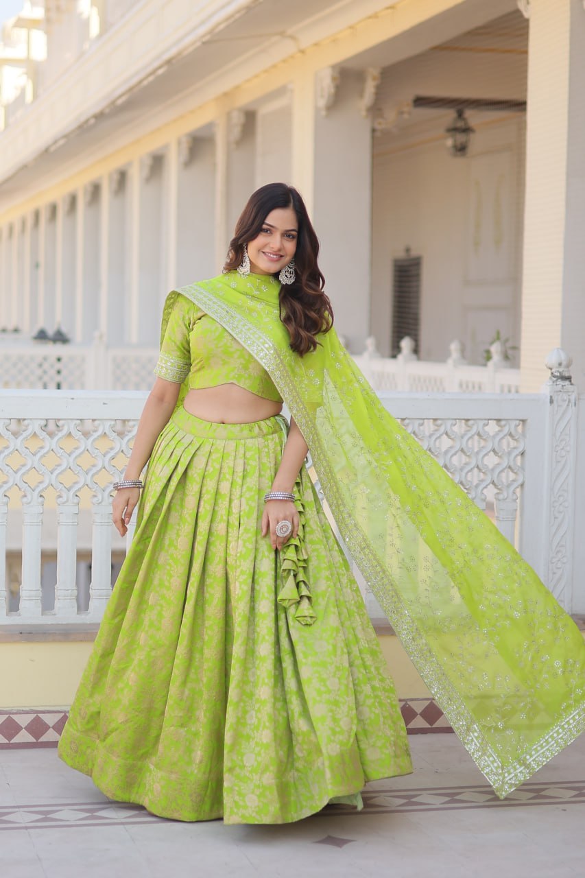 Green Dazzling Designer Dyeable Pure Viscose Jacquard Lehenga Choli Set with Sequins Embroidery
