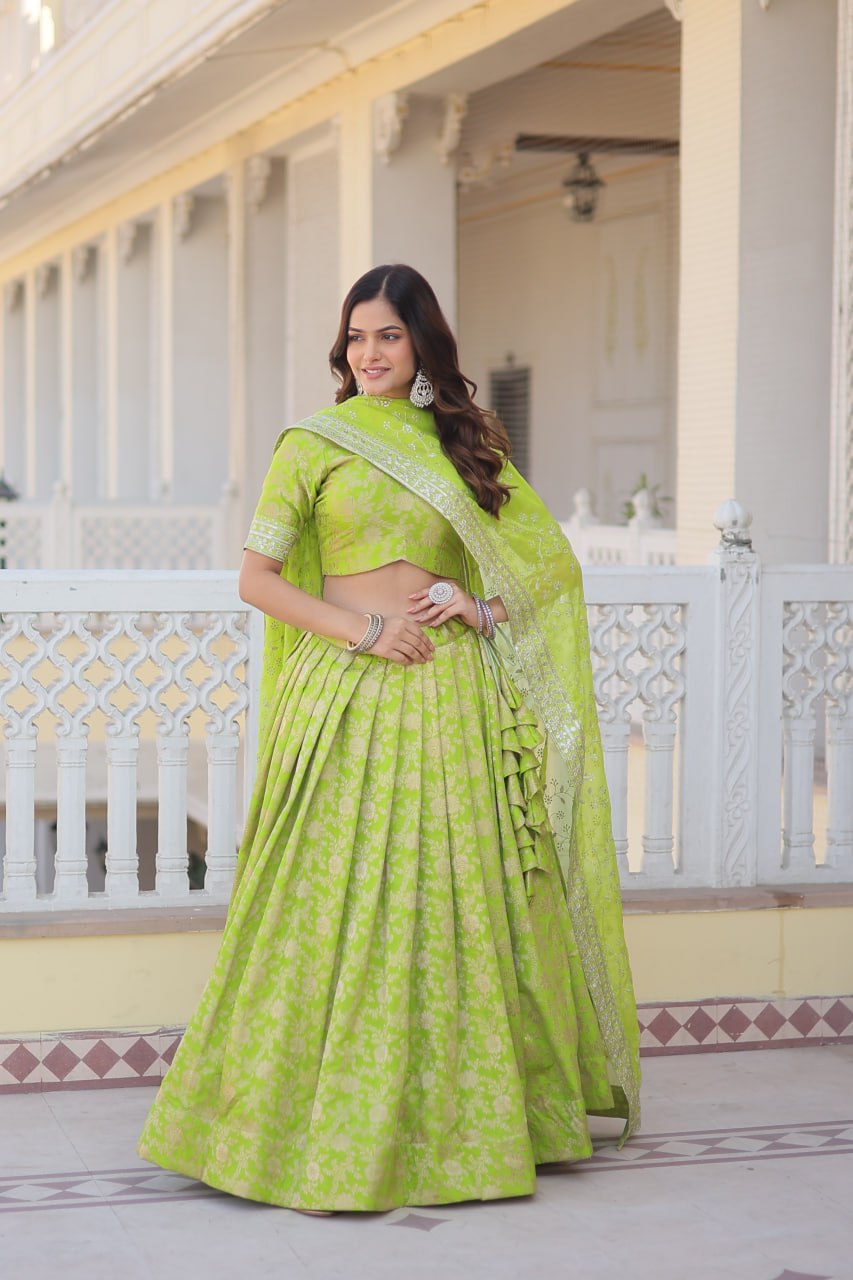 Green Dazzling Designer Dyeable Pure Viscose Jacquard Lehenga Choli Set with Sequins Embroidery