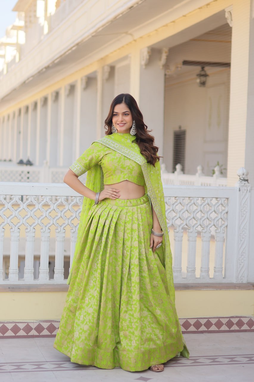 Green Dazzling Designer Dyeable Pure Viscose Jacquard Lehenga Choli Set with Sequins Embroidery