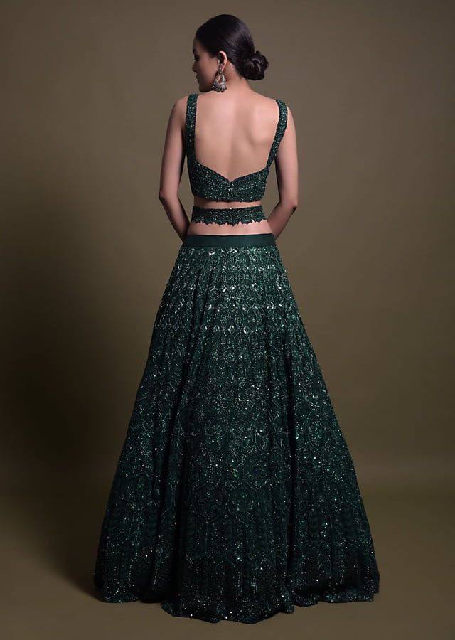 Green Desi Chic Net Lehenga Set with Sequins & Dori Work