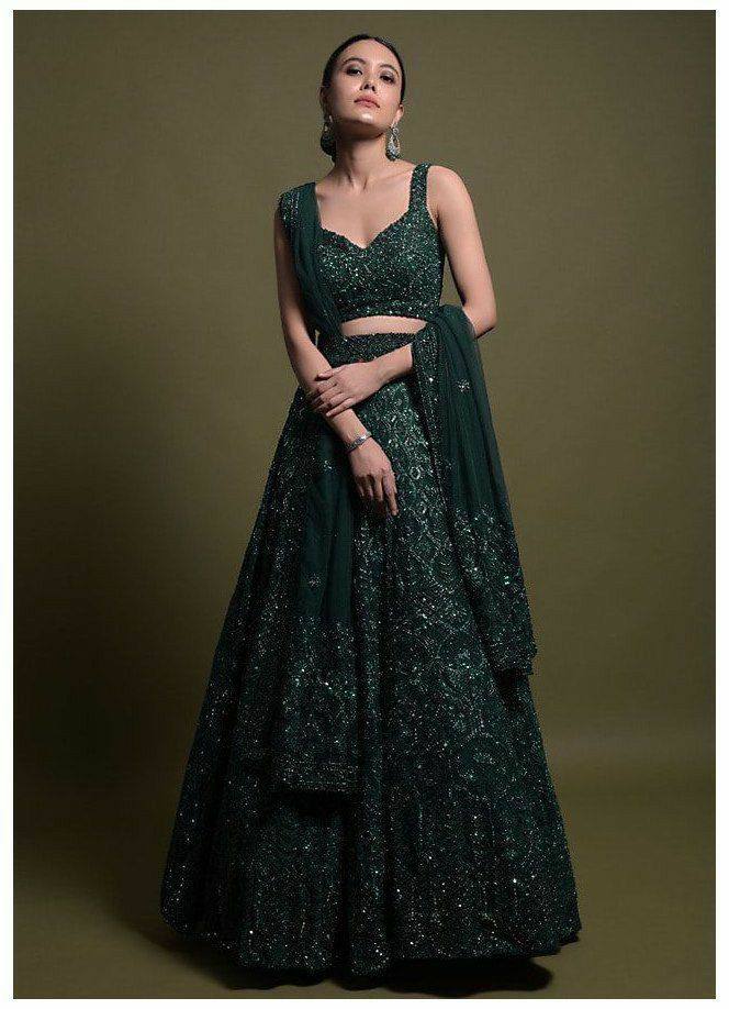 Green Desi Chic Net Lehenga Set with Sequins & Dori Work