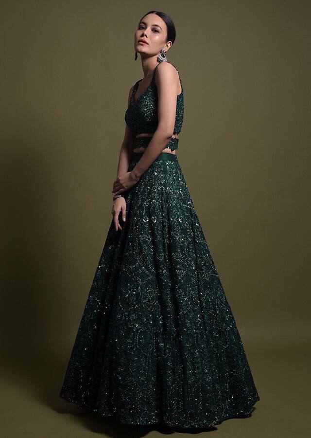 Green Desi Chic Net Lehenga Set with Sequins & Dori Work