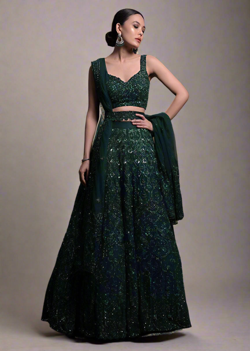 Green Desi Chic Net Lehenga Set with Sequins & Dori Work