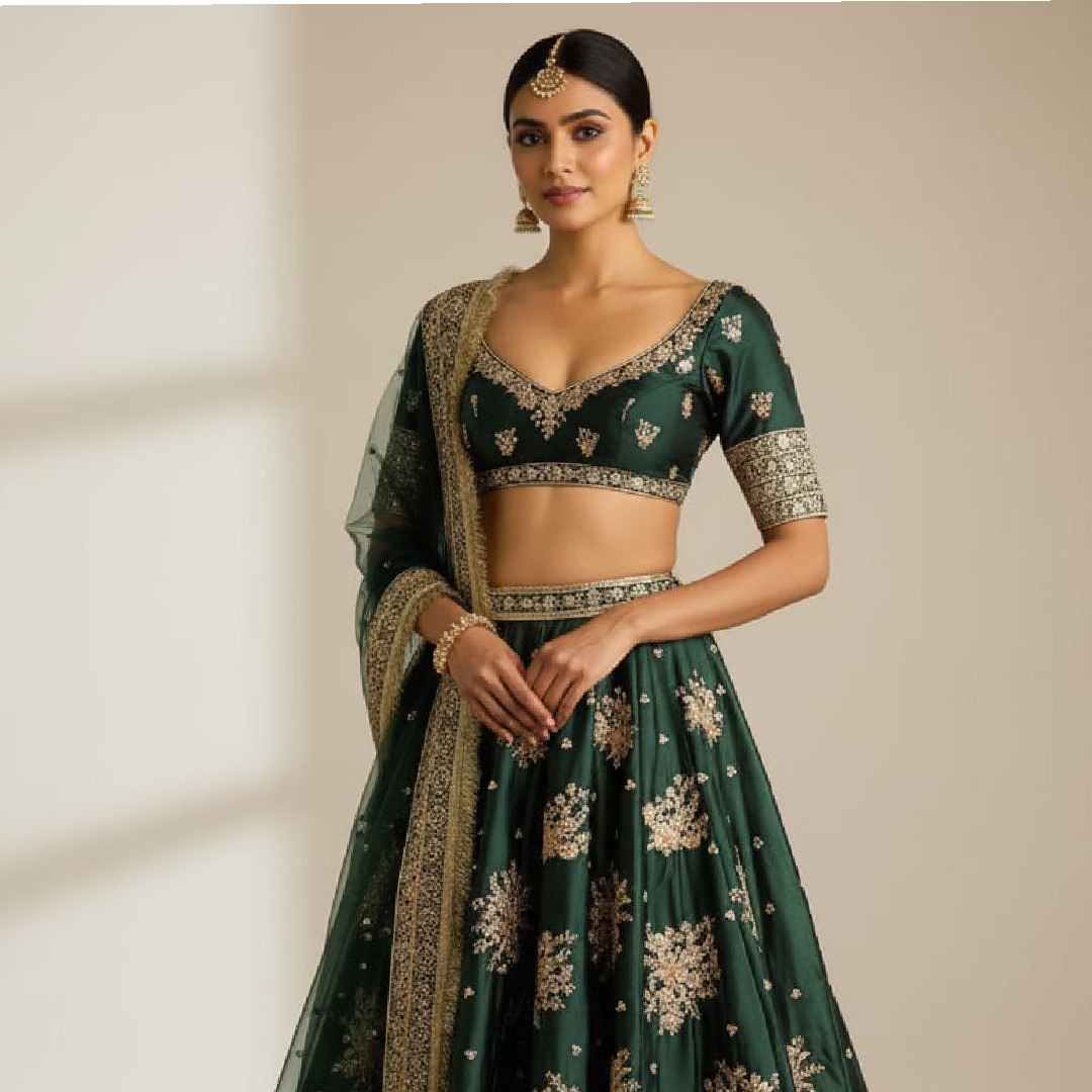 Green Designer French Crepe Lehenga Choli & Dupatta