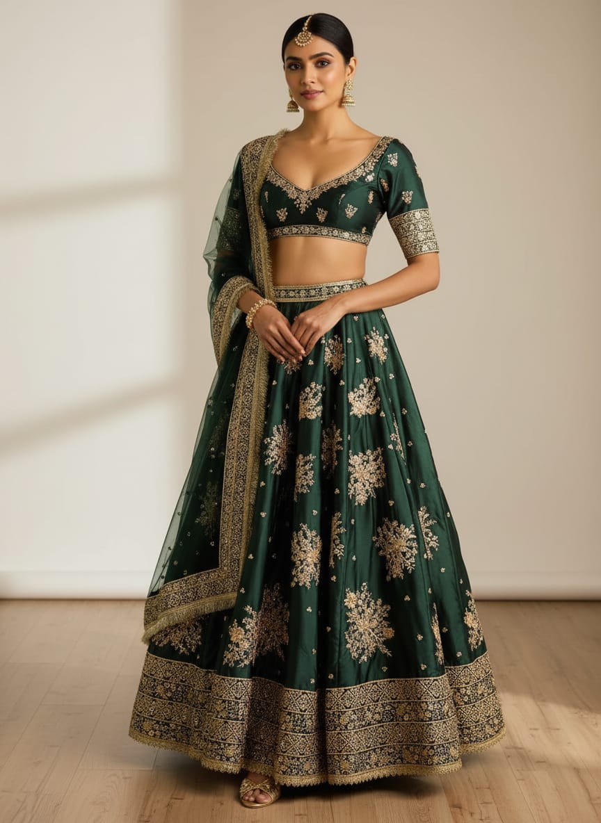 Green Designer French Crepe Lehenga Choli & Dupatta