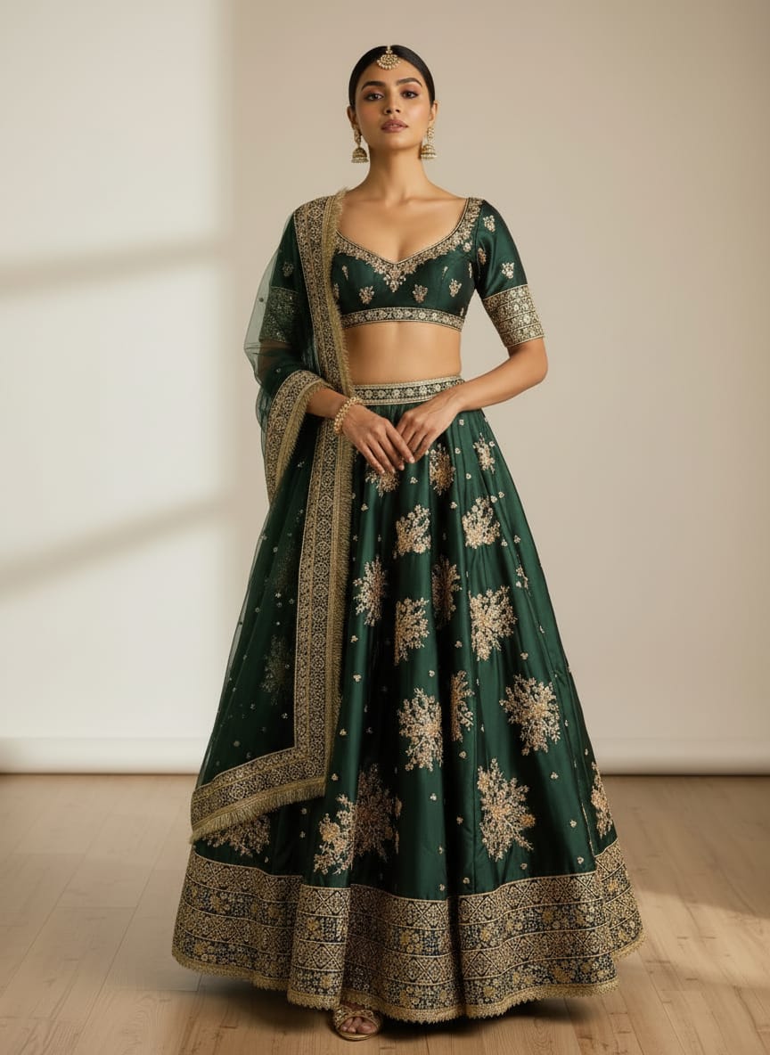 Green Designer French Crepe Lehenga Choli & Dupatta