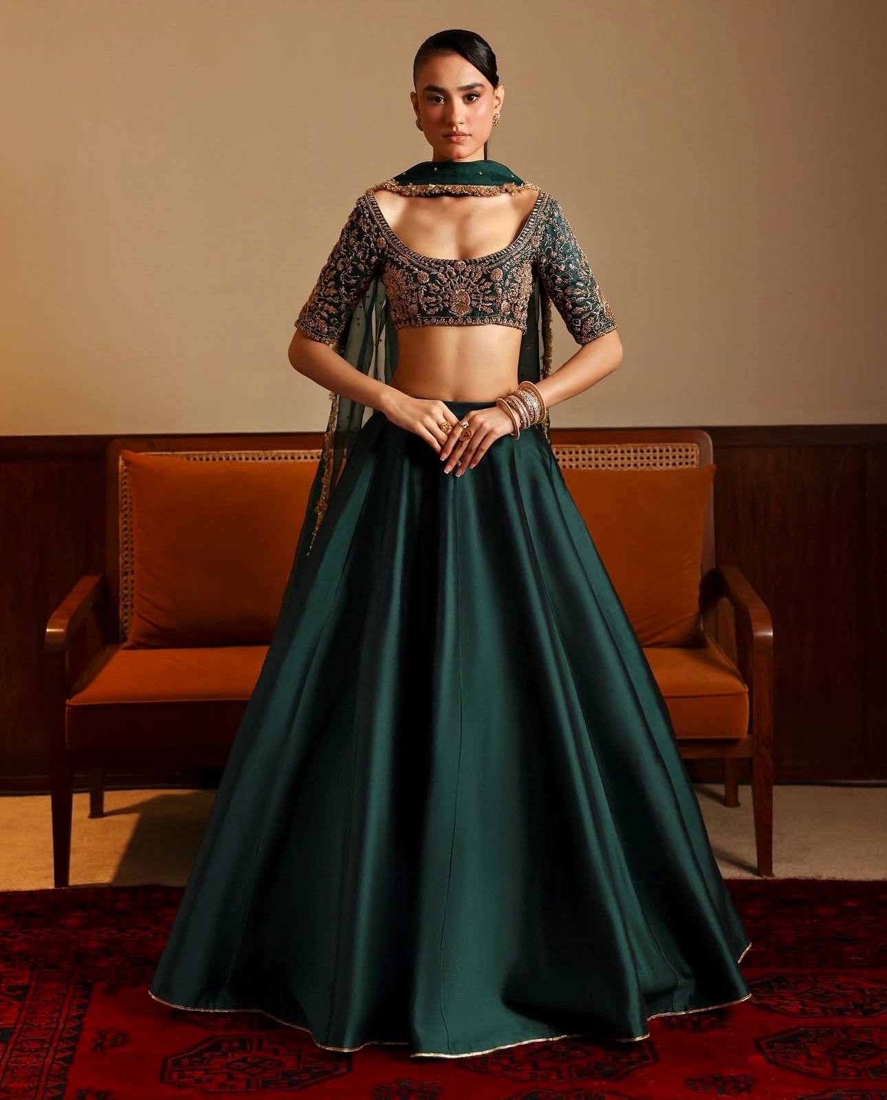 Green Designer Malai Satin Lehenga Choli Set with 4.5 Meter Flair, Sequins Zari Blouse & Net Stone-Work Dupatta – Elegant Wedding & Party Wear