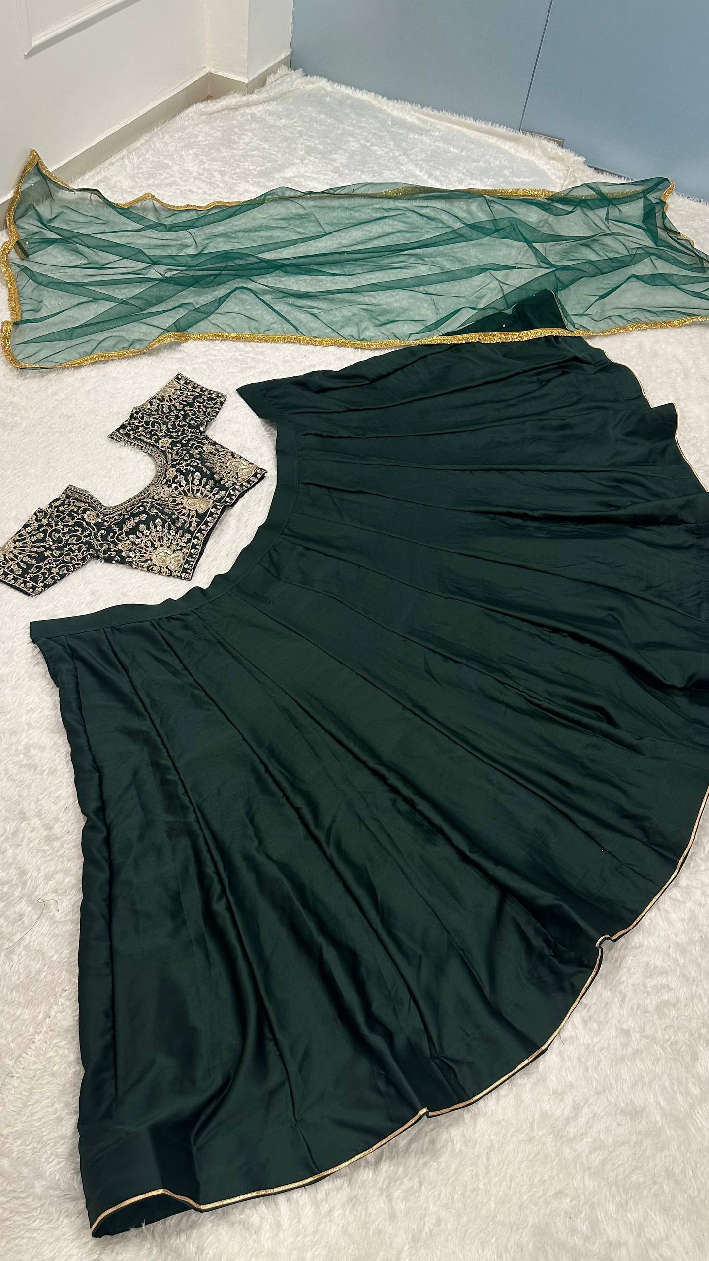 Green Designer Malai Satin Lehenga Choli Set with 4.5 Meter Flair, Sequins Zari Blouse & Net Stone-Work Dupatta – Elegant Wedding & Party Wear