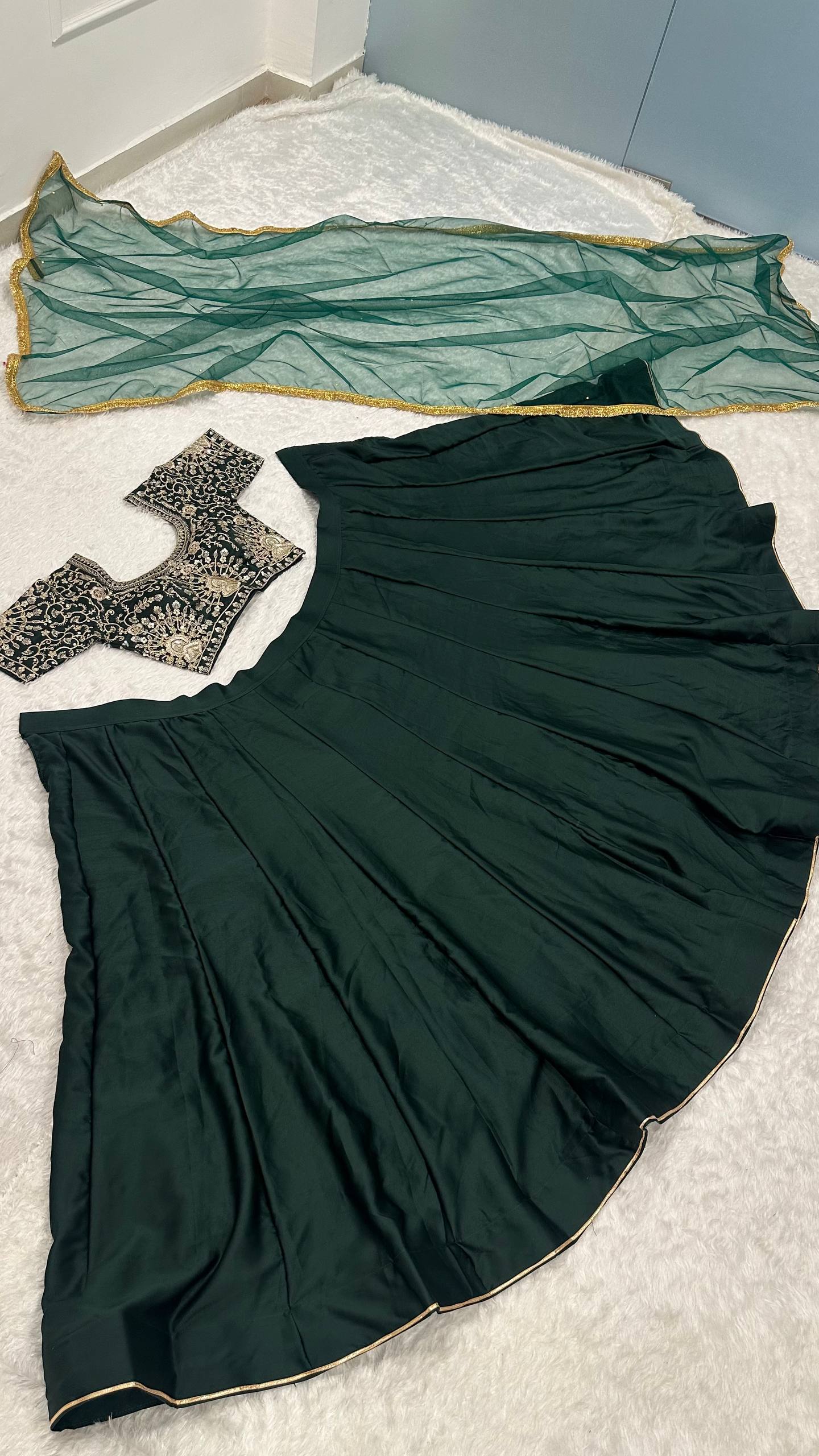Green Designer Malai Satin Lehenga Choli Set with 4.5 Meter Flair, Sequins Zari Blouse & Net Stone-Work Dupatta – Elegant Wedding & Party Wear