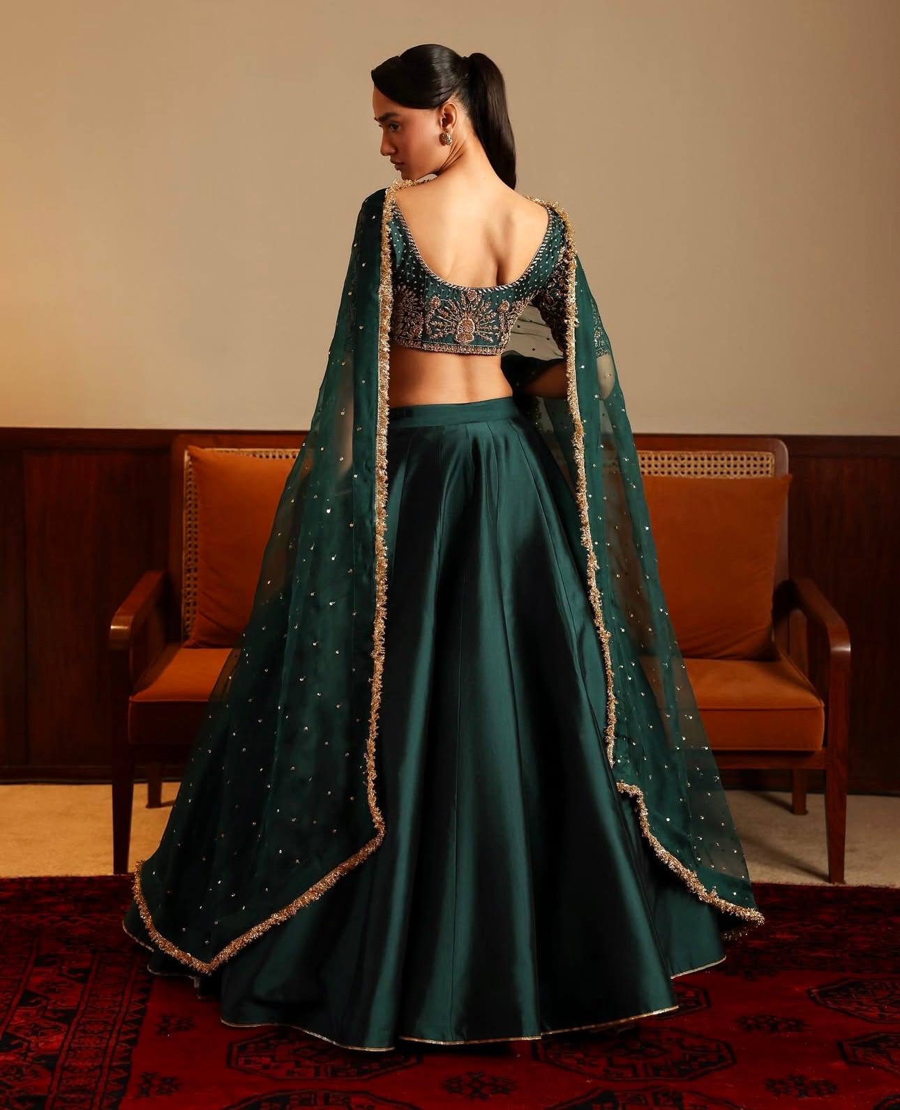 Green Designer Malai Satin Lehenga Choli Set with 4.5 Meter Flair, Sequins Zari Blouse & Net Stone-Work Dupatta – Elegant Wedding & Party Wear