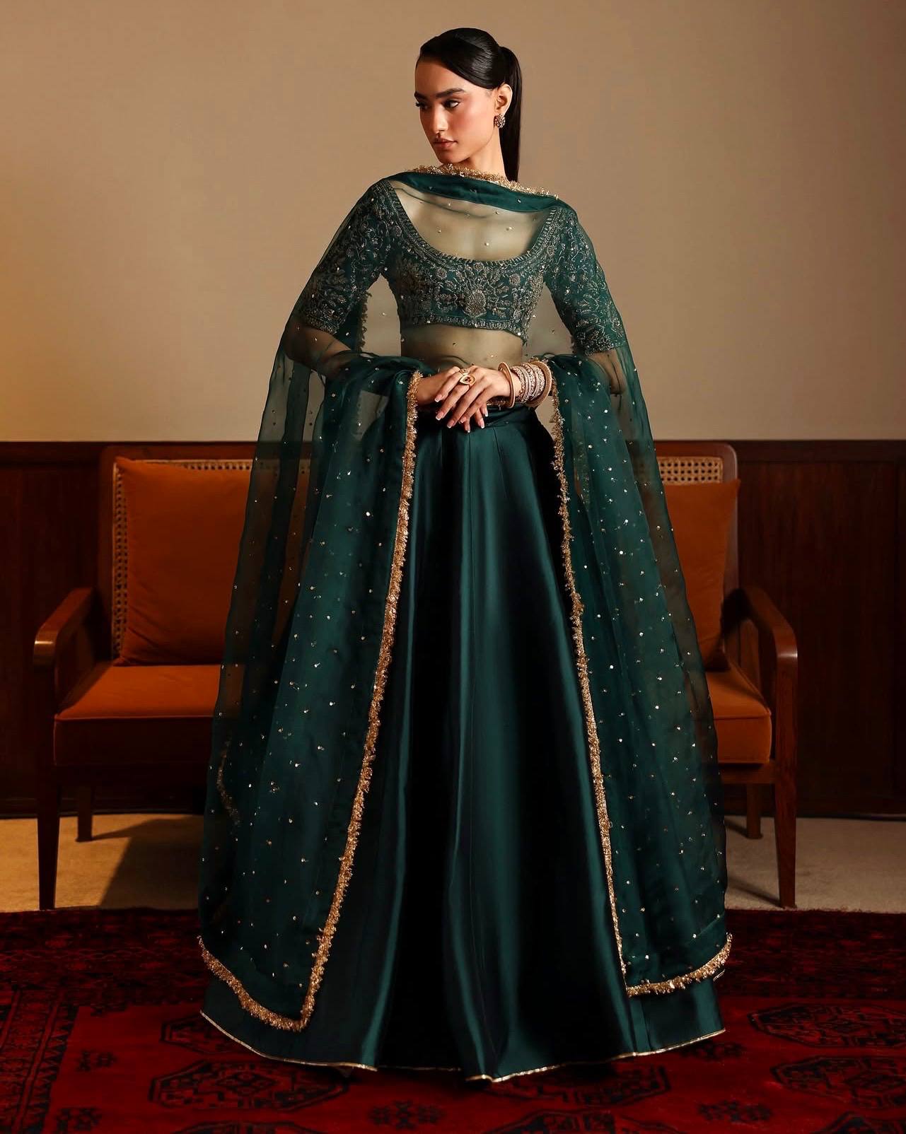 Green Designer Malai Satin Lehenga Choli Set with 4.5 Meter Flair, Sequins Zari Blouse & Net Stone-Work Dupatta – Elegant Wedding & Party Wear