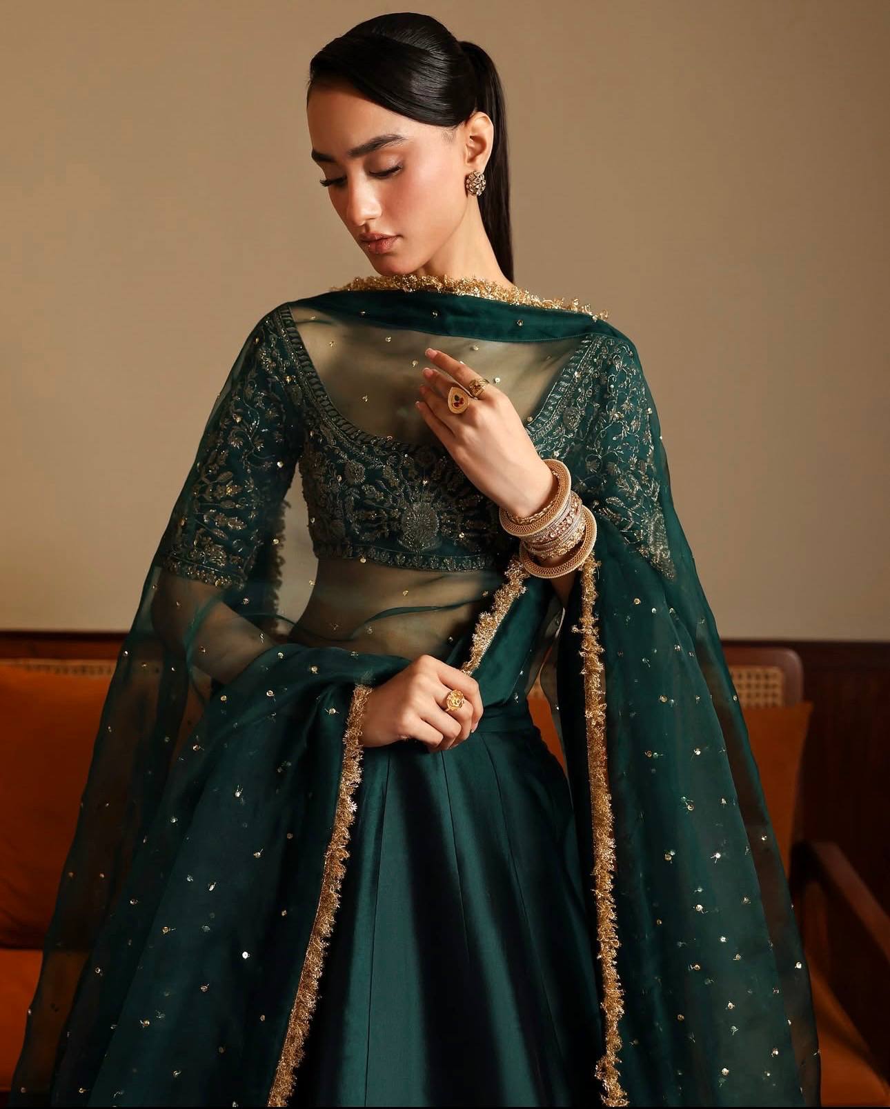 Green Designer Malai Satin Lehenga Choli Set with 4.5 Meter Flair, Sequins Zari Blouse & Net Stone-Work Dupatta – Elegant Wedding & Party Wear