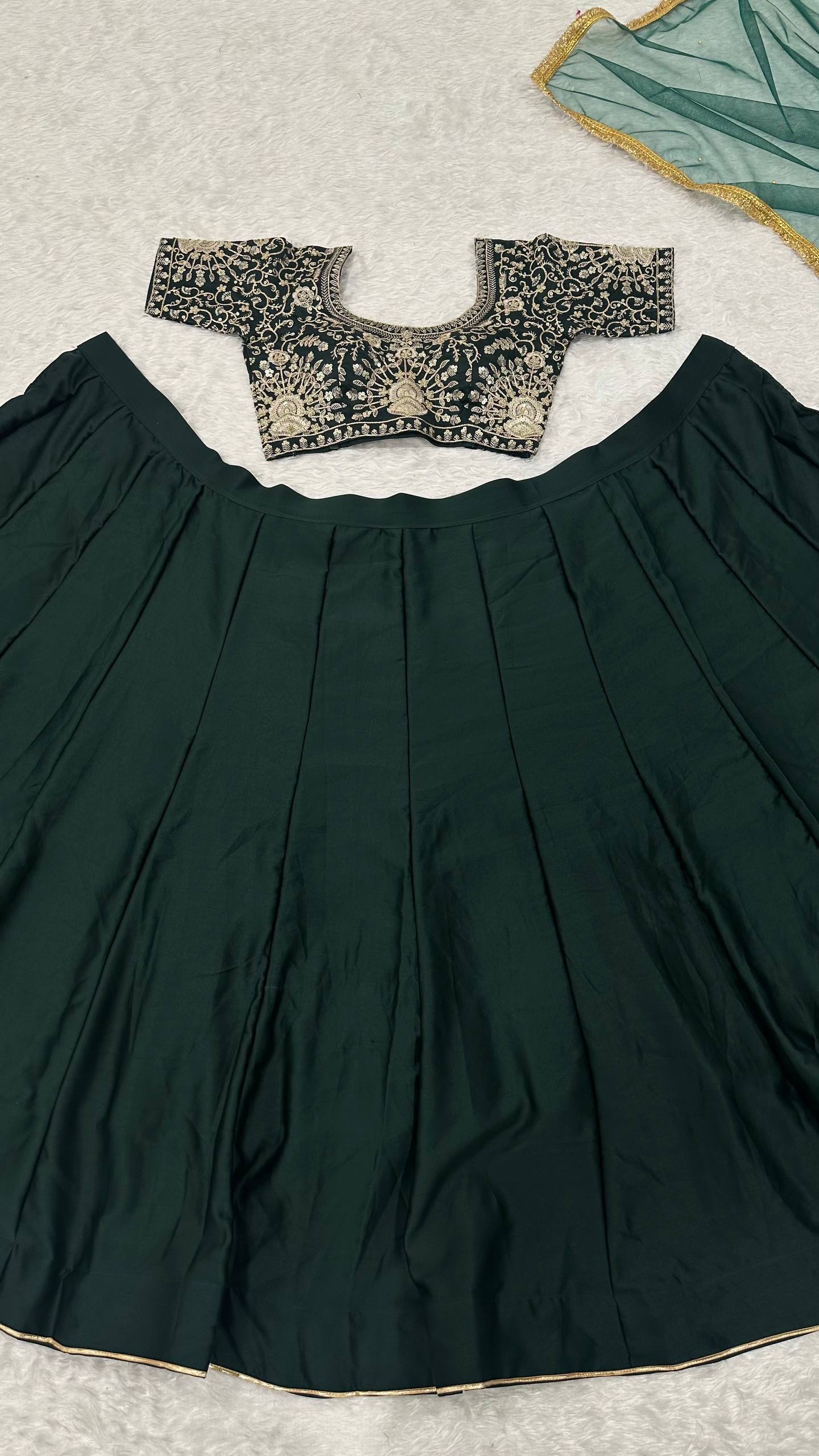 Green Designer Malai Satin Lehenga Choli Set with 4.5 Meter Flair, Sequins Zari Blouse & Net Stone-Work Dupatta – Elegant Wedding & Party Wear