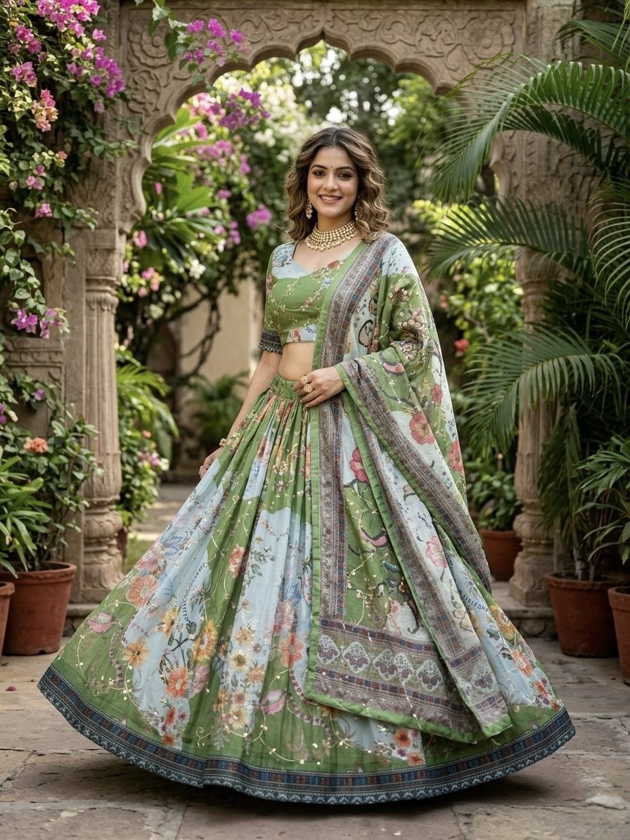 Green Digital Print Silk Lehenga Set