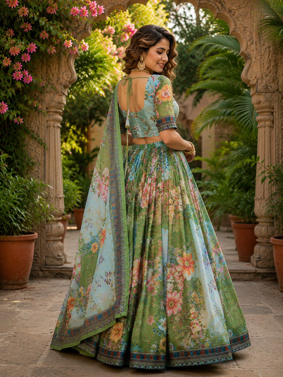 Green Digital Print Silk Lehenga Set